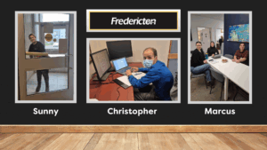 Sunny washing windows at a hockey rink. Christopher working on file management on a laptop, sitting at a desk. Marcus, sitting with two co-workers, around a table, chatting over cookies.