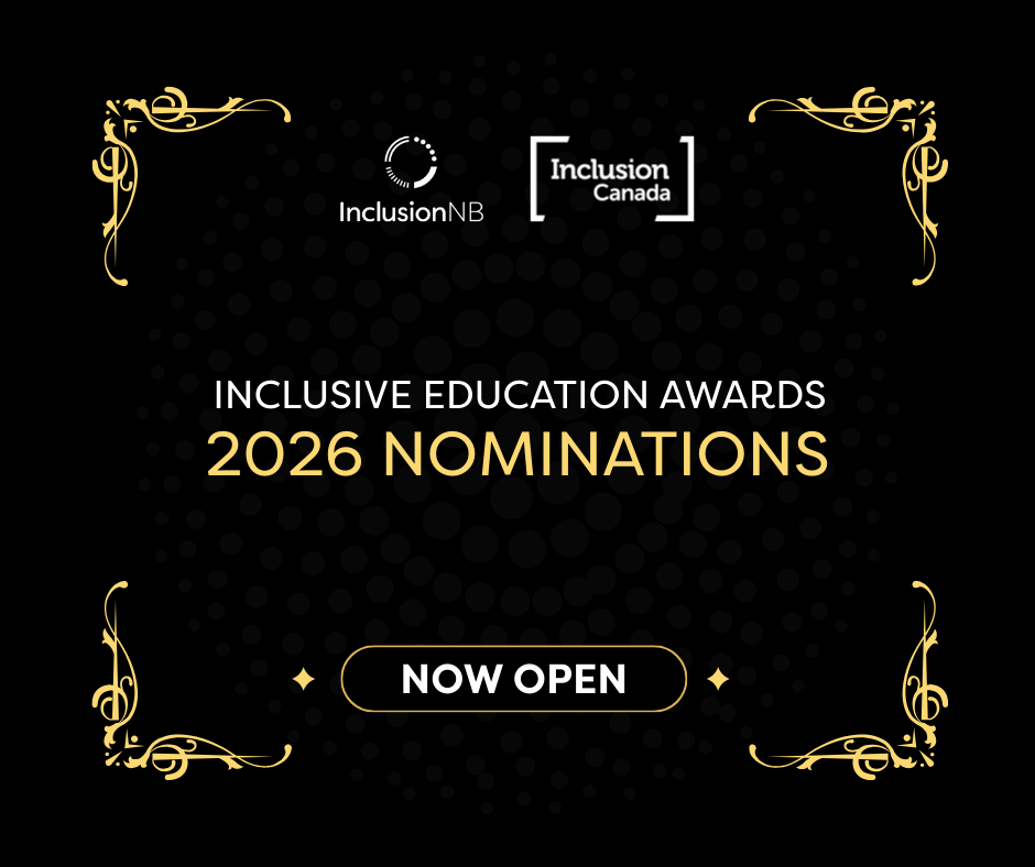 Call for Inclusive Education Awards Nominations. Black background, with faint, white circles in a circle formation. Yellow script corners.